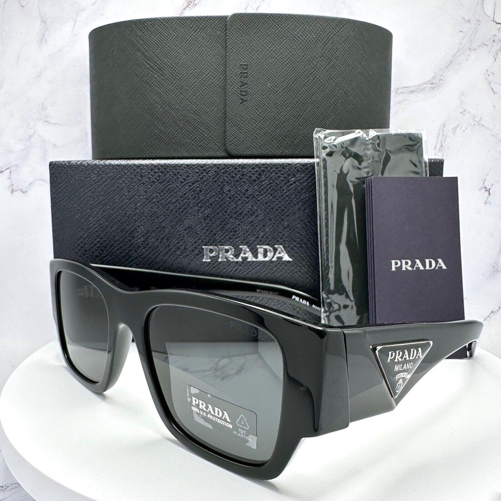 Prada Sunglasses Black Silver Triangle Metal Plaque Logo Square Authentic